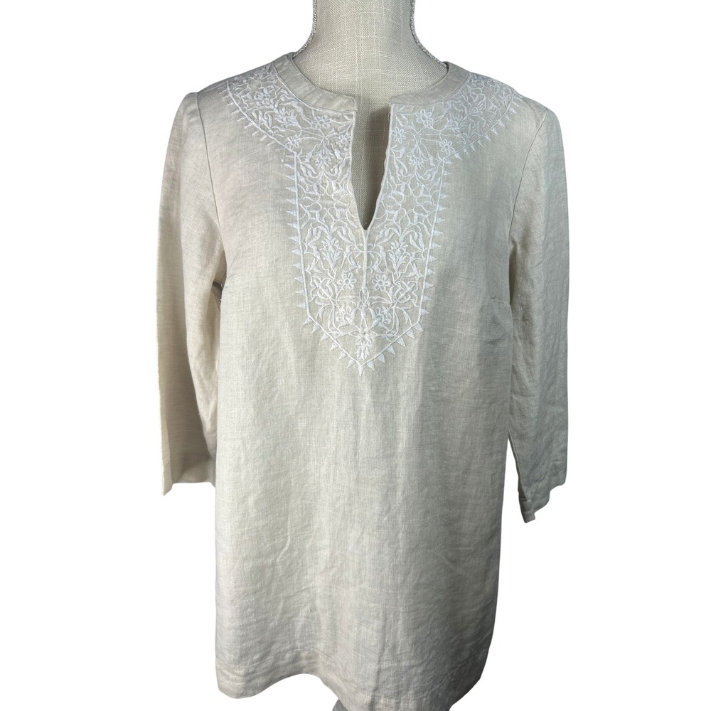 Jones New York Sport Linen Embroidered Tunic Top Beige Size M Medium
